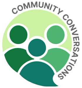 Community Conversations logo. A circular design, incorporating stylized human figures in green shades.